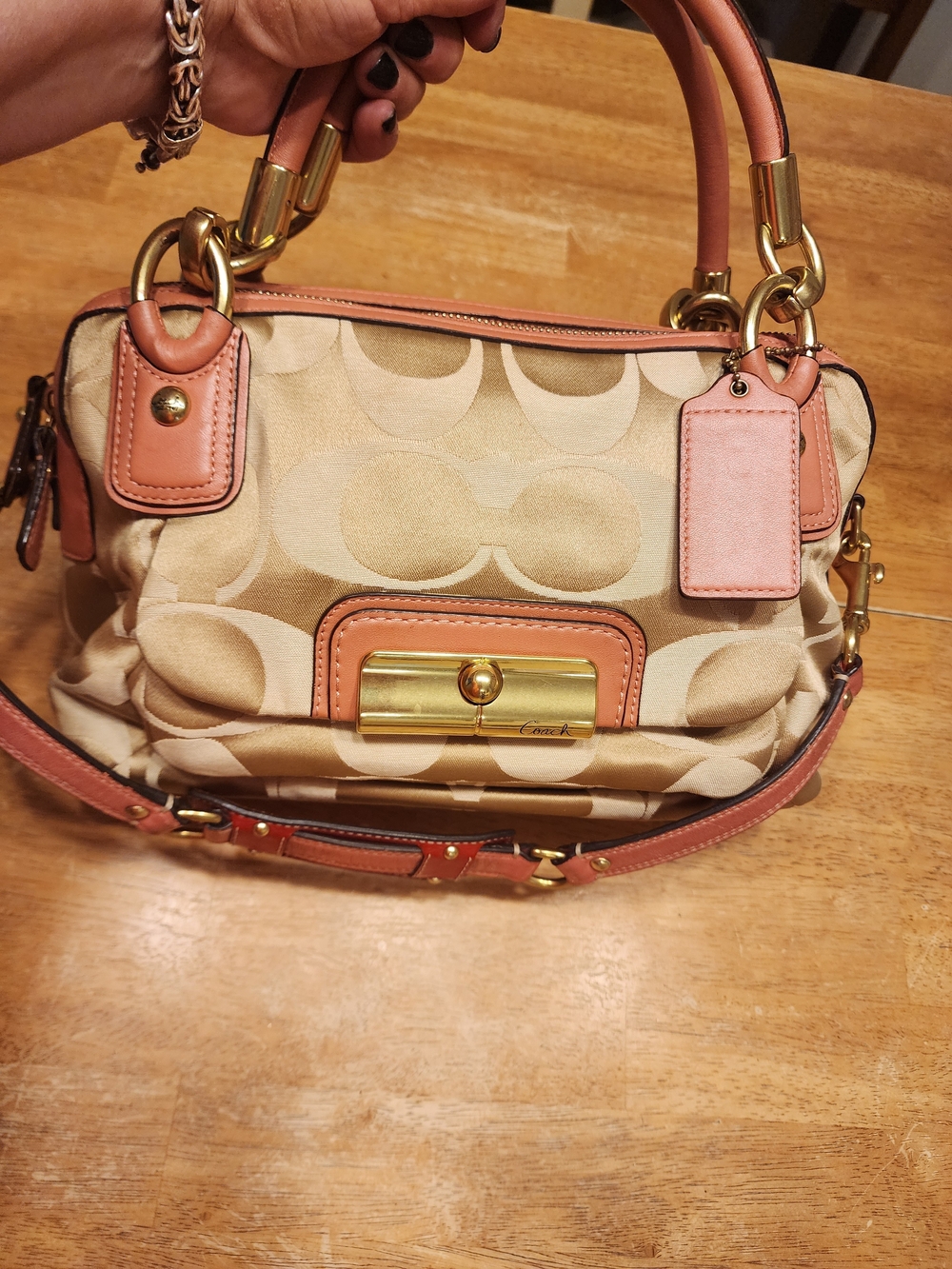 Coach Kristin Signature Jacquard Double-Zip Satchel with pink/salmon leather